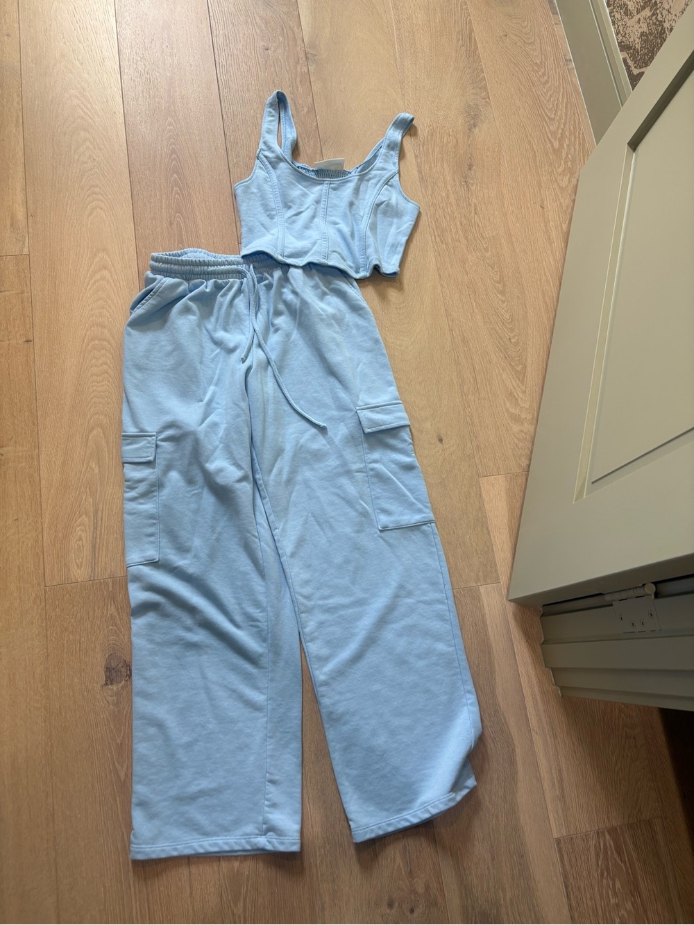 No Boundaries Light Blue Wide-Leg Cargo Jumpsuit Set